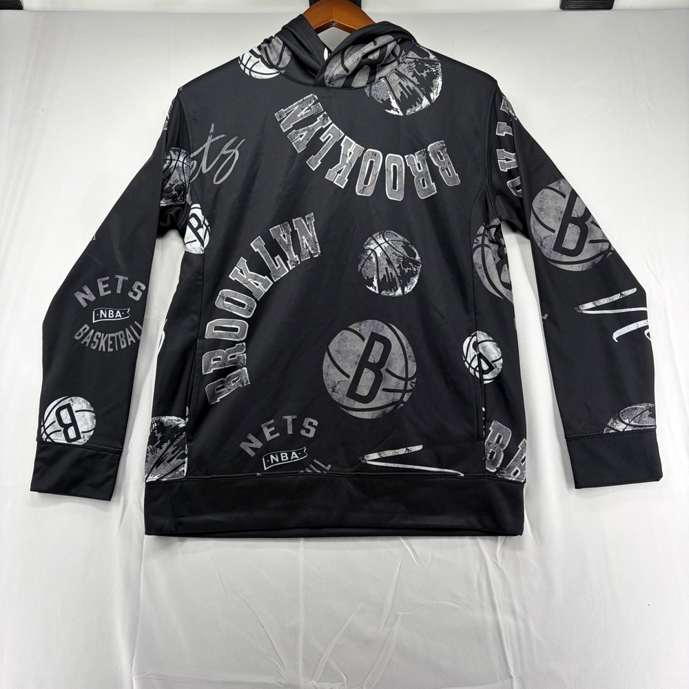 NBA Brooklyn Nets Youth Hoodie Black All Over Print Sweatshirt Size L 14/16 NWT